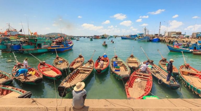 Wooden boats of fishermen are gathering to fish for fish and squid