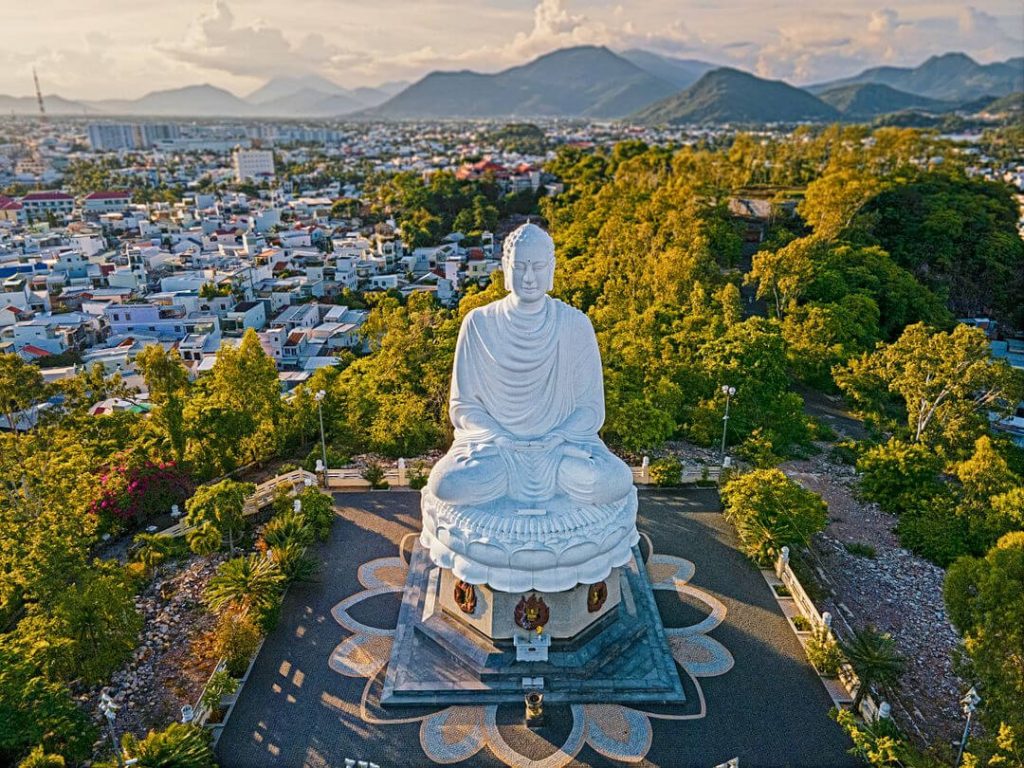 A stunning view of the giant Buddha statue at Long Son Pagoda