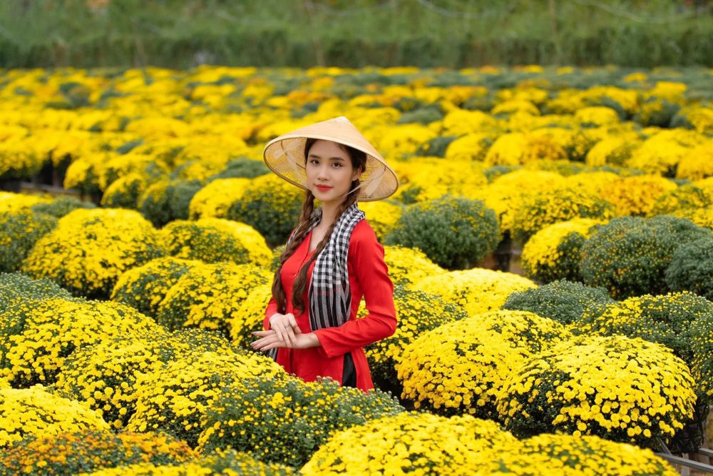 Tourists are posing gracefully next to beautiful flowers