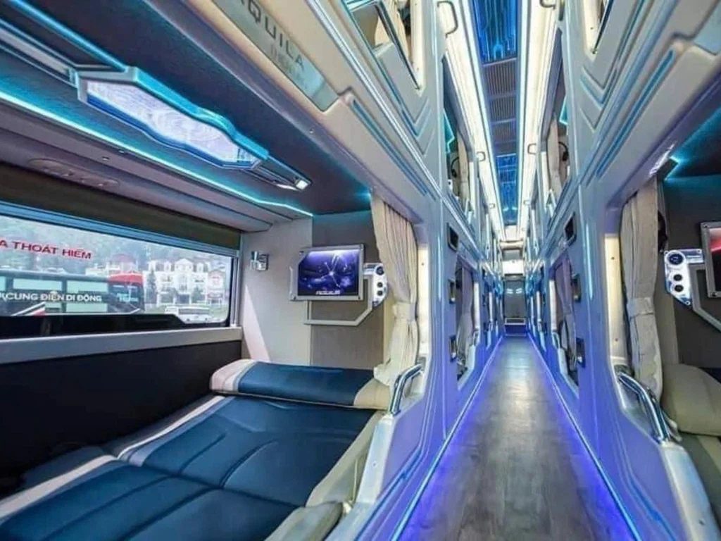 The VIP limousine bus's corridor is modern