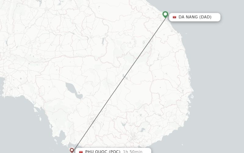From Da Nang to Phu Quoc, the flight distance is approximately 1,190–1,345 km