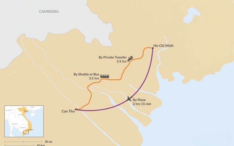 From Ho Chi Minh City, the distance to Can Tho is approximately 165–170 km by road